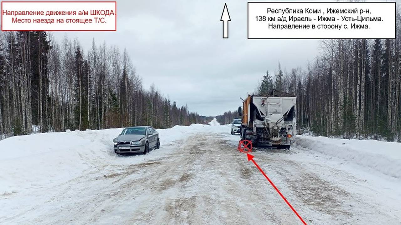 Главная картинка новости: В Коми 29-летний водитель Skoda Octavia врезался в стоящий на дороге МАЗ